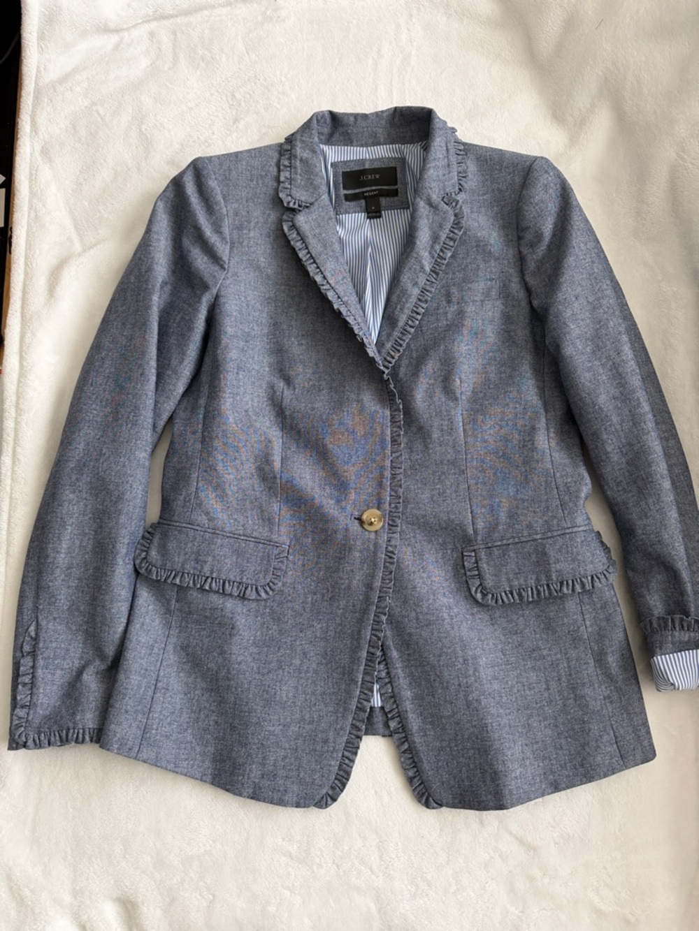 J. Crew Chambray Regent Light Blue Ruffle-Trim Single-Button Blazer 100% Cotton - Picture 2 of 8